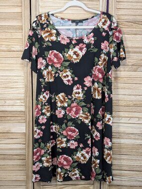 Vibe Sportswear Floral Scoop Neck Shift Dress - Black Rose Olive Size 2X
